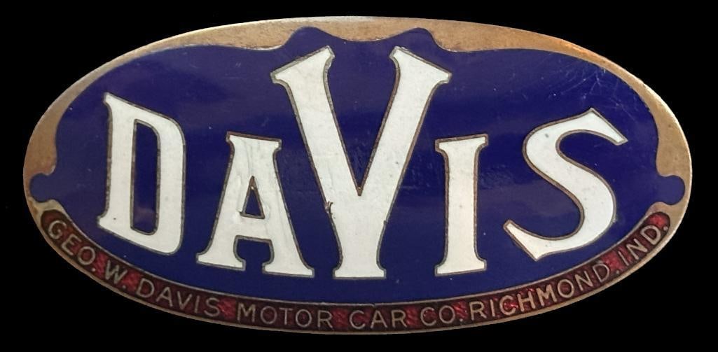 Davis Radiator Emblem: c1914 - 1925 Davis radiator emblem. This emblem domed from the manufacturer. It is rated rare and measures approximately 3" wide by 1.5" high