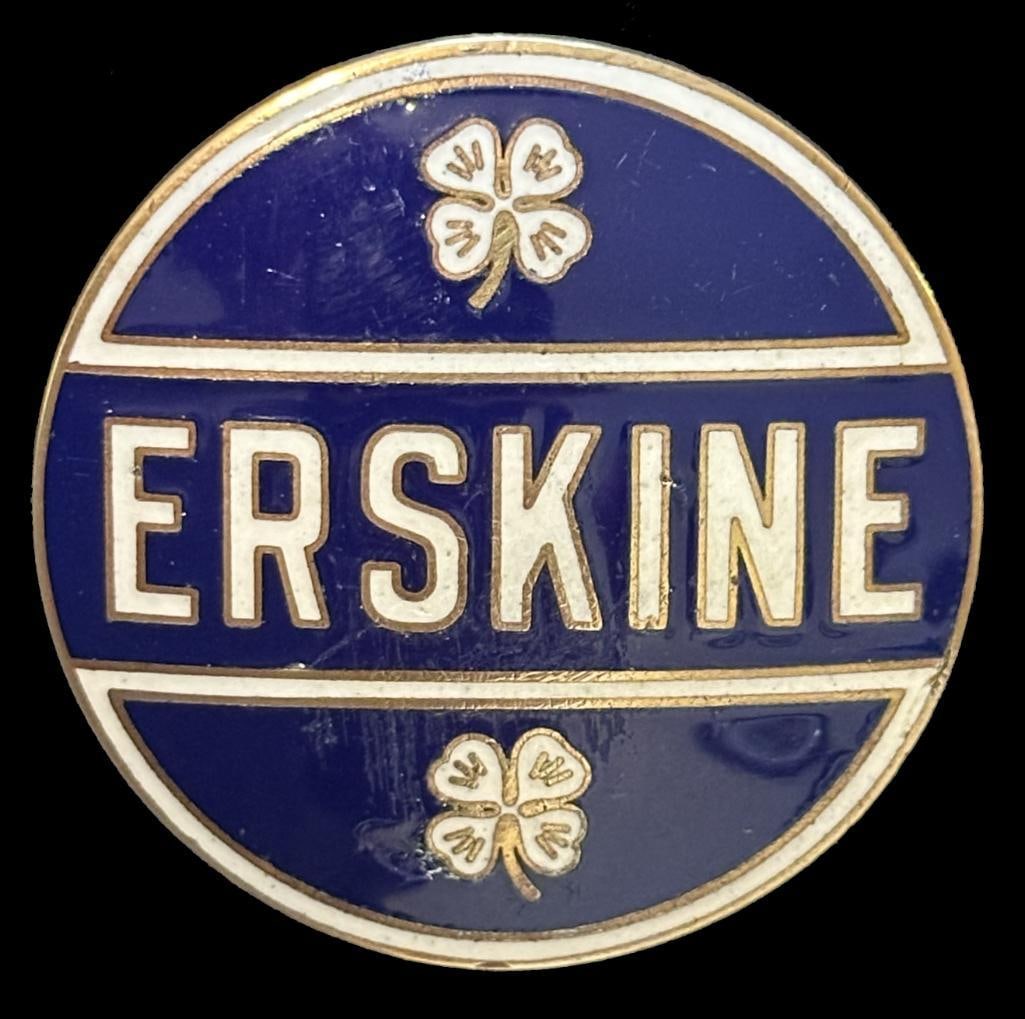 Erskin Radiator Emblem: 1927 - 1928 Erskin radiator emblem. This emblem is rated scarce and measures approximately 1.75" in diameter.
