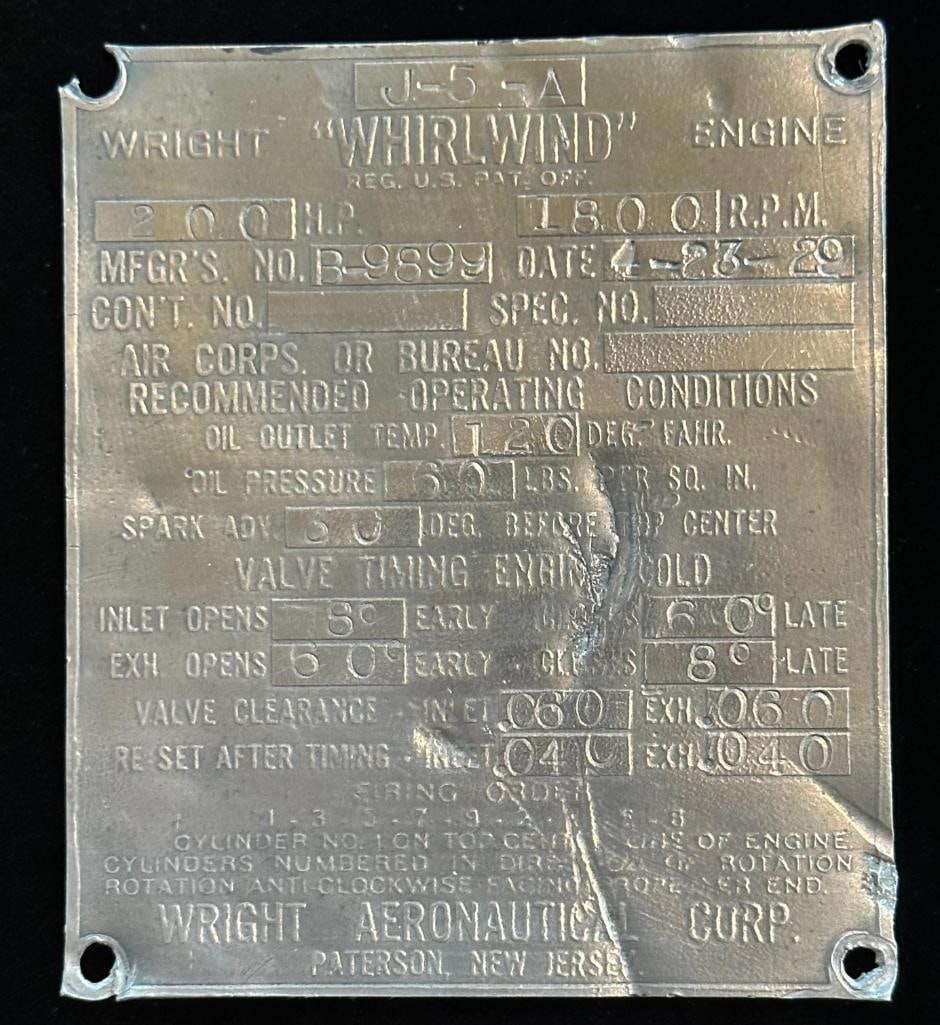 Wright Aeronautical Corp. Whirlwind Engine Serial Data Plate (1 of 2)