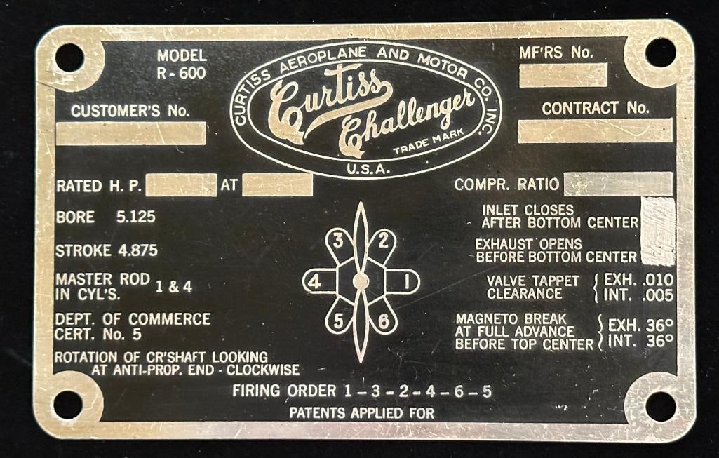 Curtiss Aeroplane and Motor Co. Inc. Challenger Engine serial data plate (1 of 2)