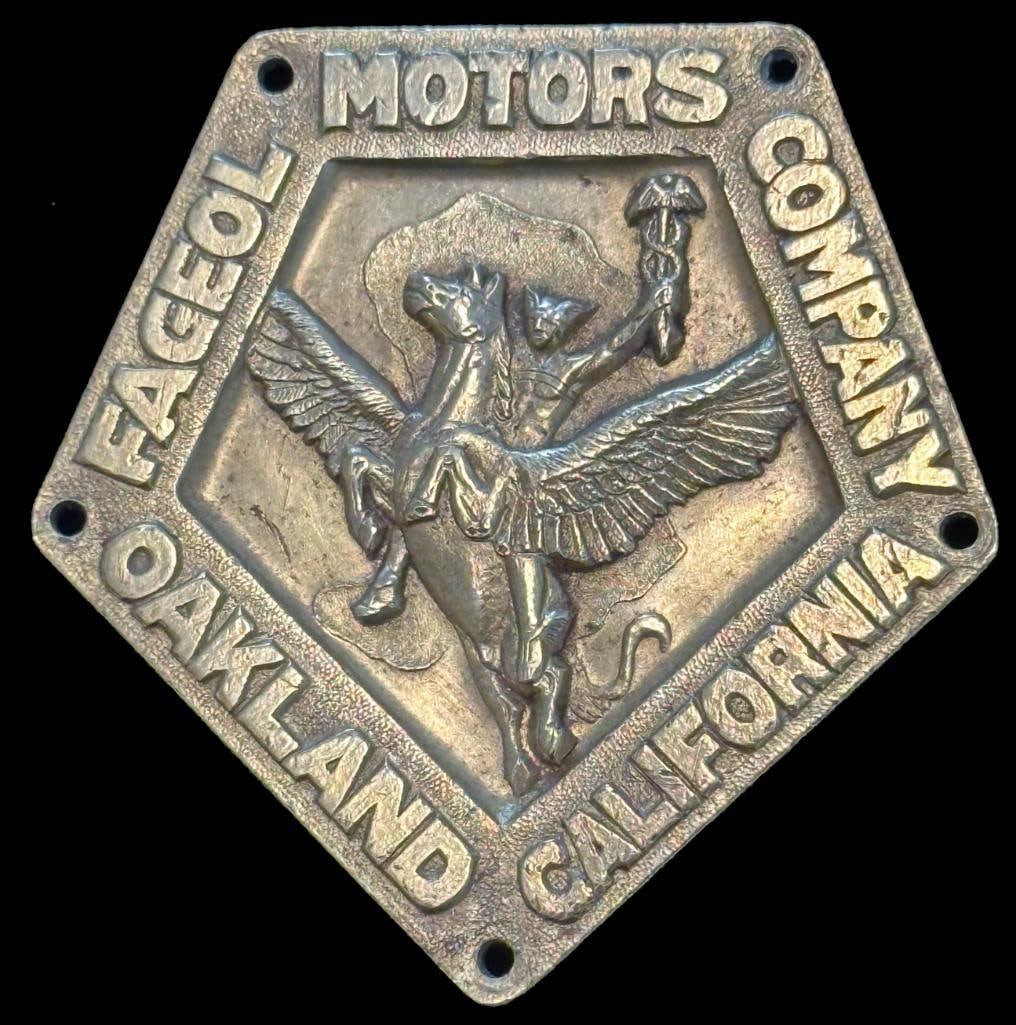 Fageol Reproduction Radiator Emblem: Fageol reproduction radiator emblem. The emblem measures 2.5" high by 2.5" wide.