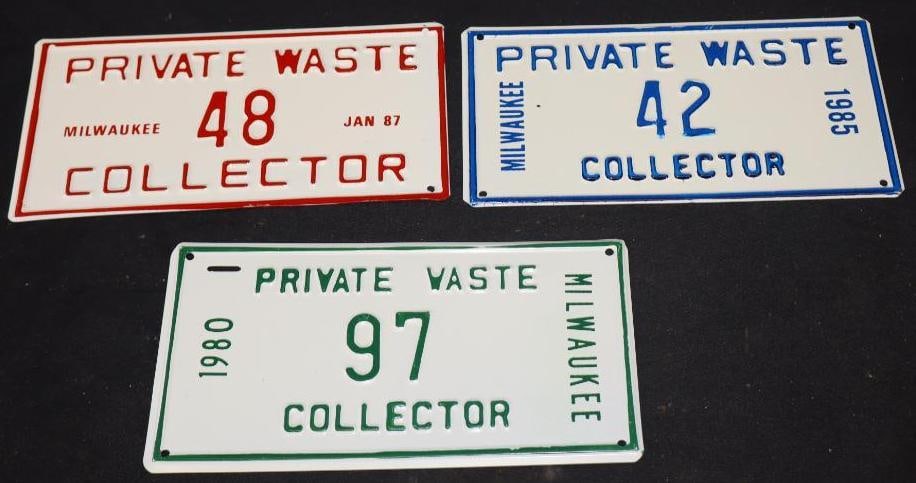 Group Of 3 1980,85 & 87 Milwaukee Private Waste Collector License Plates: 8.5x4.5 Each