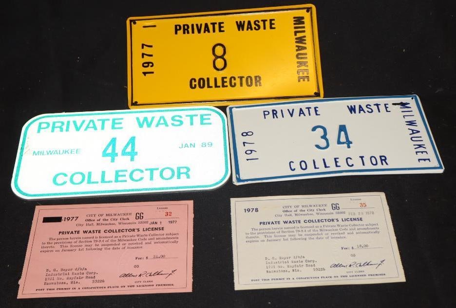 Group Of 3 1977, 78 & 89 Milwaukee Private Waste Collector License Plates: 8.5x4.5 Each