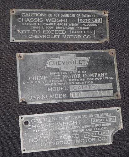 Group Of 3 Chevrolet Motor Company Serial & Data Plates (1 of 2)