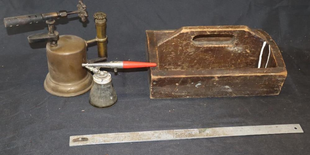 Group Of 4 Brass Torch Tool Box, Chevrolet Ruler & Airbrush Pen: Largest Is 12x8.5x5