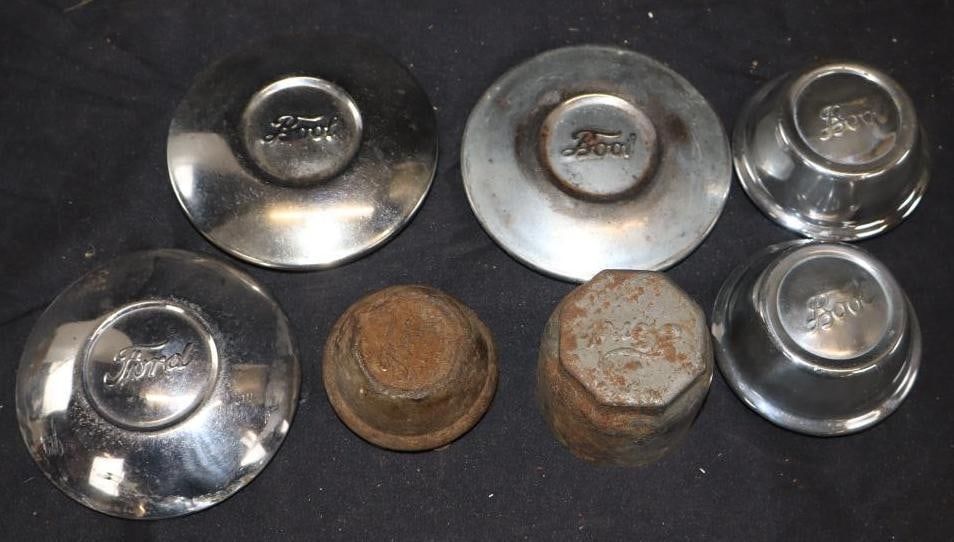 Group Of 7 Threaded Automobile Hubcaps & Wheel Covers: Largest Is 4