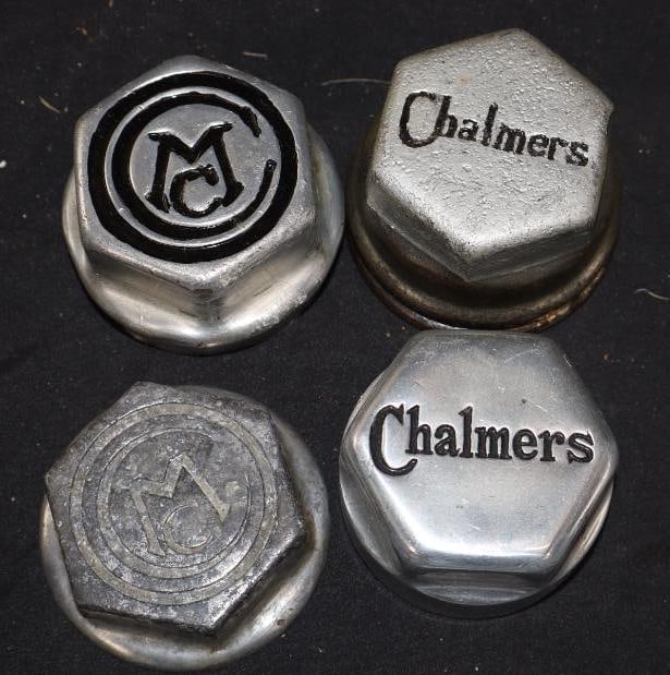 Group Of 4 Chalmers Threaded Automobile Hubcaps: 2.5 & .75