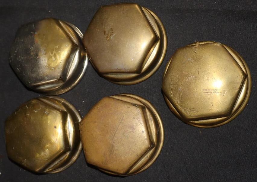 Group Of 5 Brass Threaded Automobile Hubcaps (1 of 2)