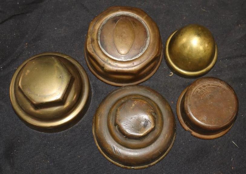 Group Of 5 Different Brass Threaded Automobile Hubcaps (1 of 2)