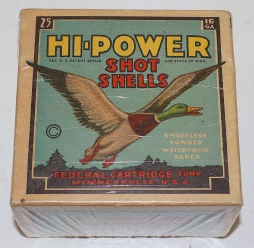 Hi-Power Smokeless Federal 16 GA Shotgun Shell Advertising Box: 3.75" x 3.75" x 2.25" box is empty