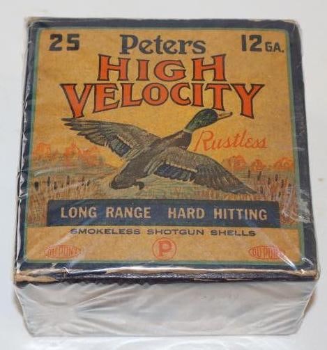 Peter's High Velocity 12 GA Long Range Smokeless Shotgun Shell Box: 4" x 4" x 2.5" box is empty