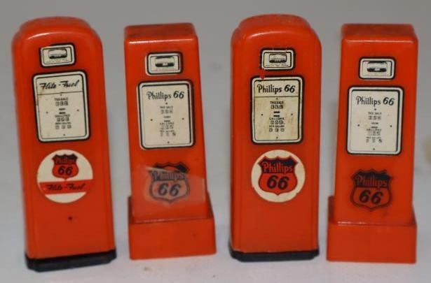 Group of 2 Pair Phillips 66 Gas Pump Shaped Salt & Pepper Shakers: Largest is 1" x 1" x 2.75" one pair are missing stoppers