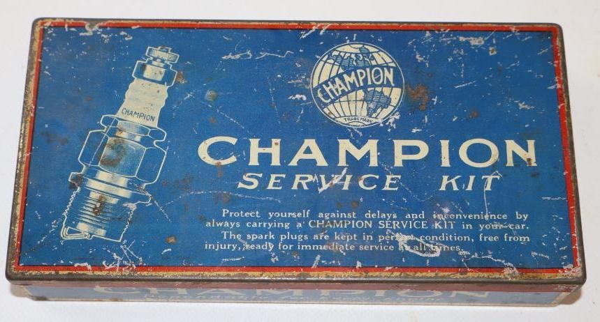 Champion Spark Plug Tin Litho Box with 7 Plugs: 7.5" x 3.75" x 1.25"