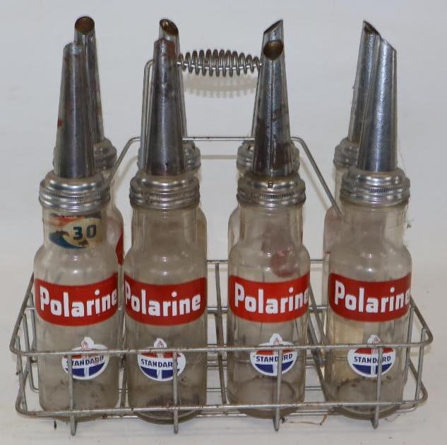 Group of 8 Standard Polarine 1 Quart Glass Oil Bottles with Carrying Rack: 17.5" x 9" x 16"