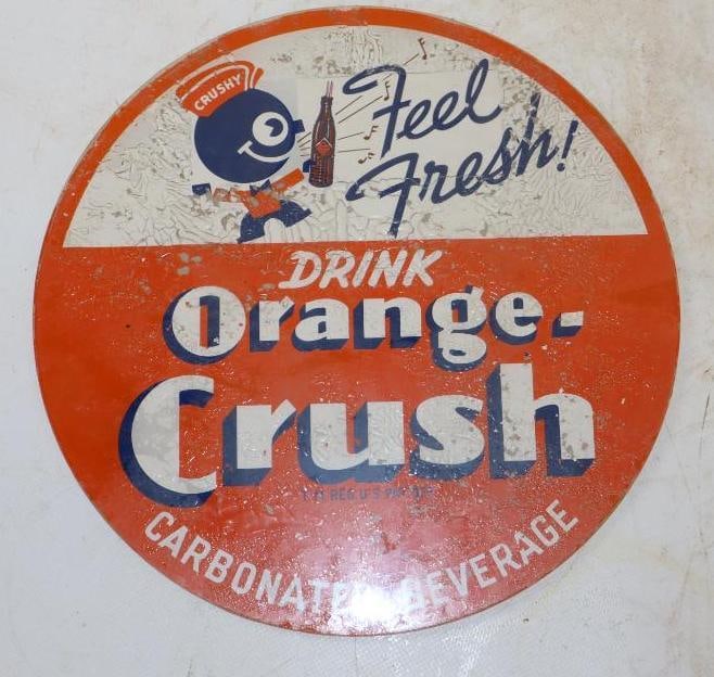 Drink Orange Crush Reverse Painted Glass Advertising Sign with Crushy: 9.5" x 9.5" paint is flaking