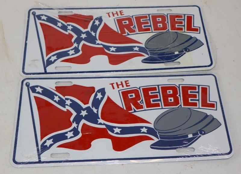 Group of 2 Embossed "The Rebel" Confederate Flag NOS Booster License Plates: 12" x 6" each