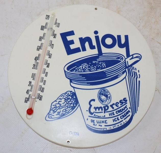 Enjoy Empress Ice Cream Advertising Thermometer: 7" x 7" therm is working