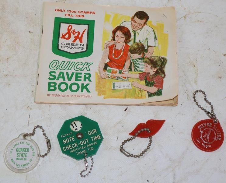 Group of 5 S&H Stamp Book, Quaker State Keychain & Other Advertising Keychains: Largest is 6" x 5"