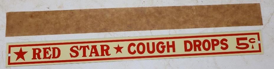 NOS Red Star Cough Drops 5 Cents Strip Sign: 11" x 1"