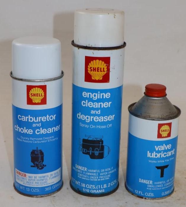 Group of 3 Shell Carburetor, Engine, and Valve Lubricant Cleaner Cans: Largest is 18oz