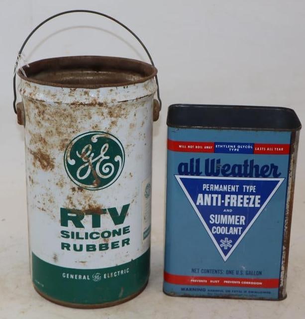 Group of 2 All Weather Antifreeze, and GE RTV Silicon Rubber Cans: Both are missing lids. Largest is 7" x 7" x 11.75"