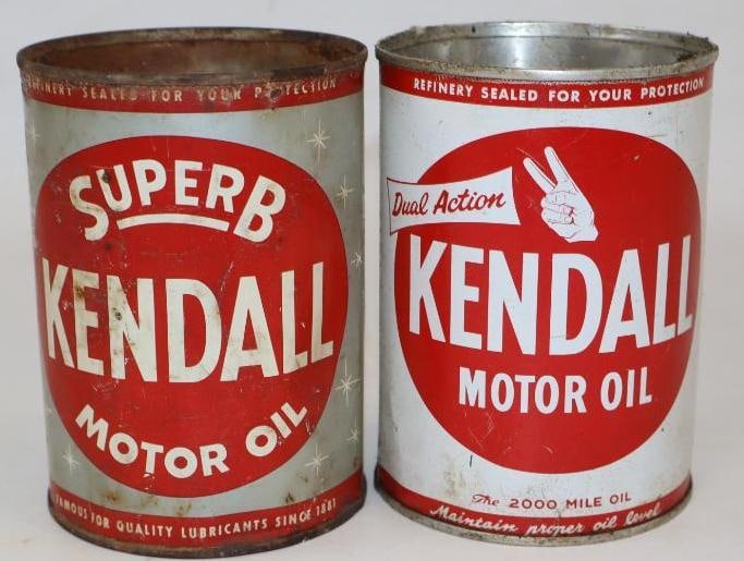 Group of 2 Kendall Dual Action, and Superb One Quart Metal and Aluminum Oil Cans: Both are empty. Both are missing top lids. 32oz each