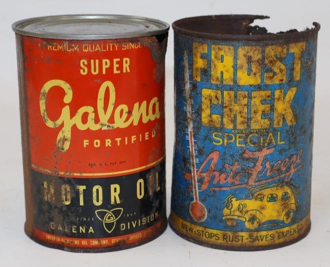 Group of 2 Galena, and Frostchek One Quart Metal Oil Cans: Both are empty. Frostchek is missing top lid, Galena has new top lid. 32oz each