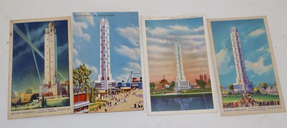 Group of 4 1934 Chicago World Fair Havoline Thermometer Building Post Cards: 3.5" x 5.5" each