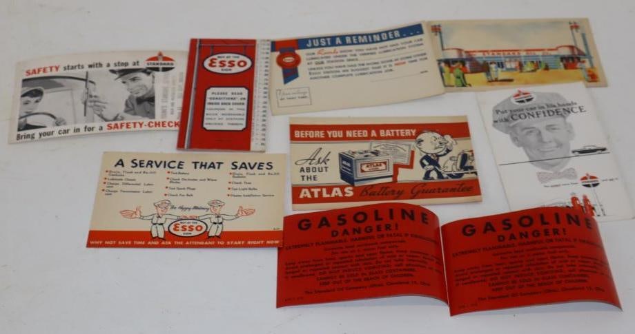 Group of 9 Esso, Atlas, and Standard Oil Advertising Post Cards, Stickers, and Stamp Book: Largest is 3.5" x 5.5"