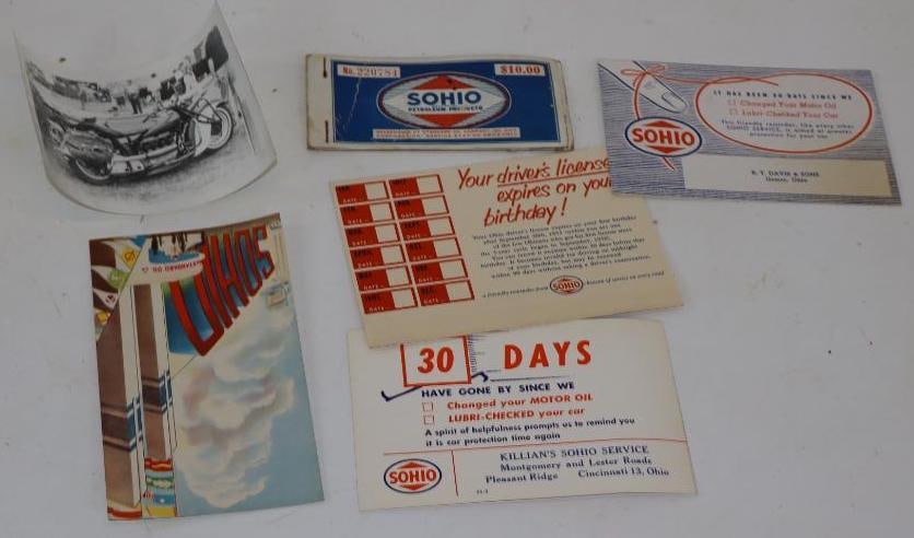 Group of 6 Sohio and Indian V8 Motorcycle Picture, Stamp Book, and Post Cards: Largest is 3.5" x 5.5"