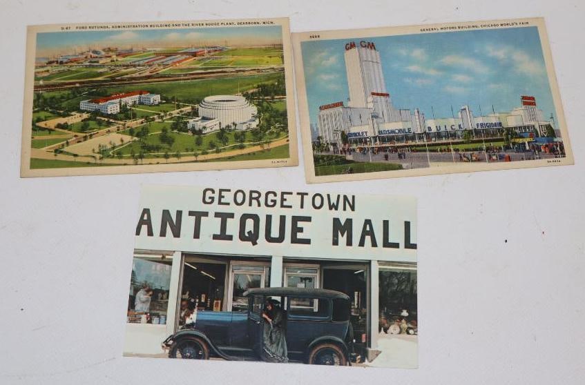 Group of 3 Ford Rotunda, General Motors Building, and Georgetown Antique Mall Advertising Post Cards: 3.5" x 5.5" each