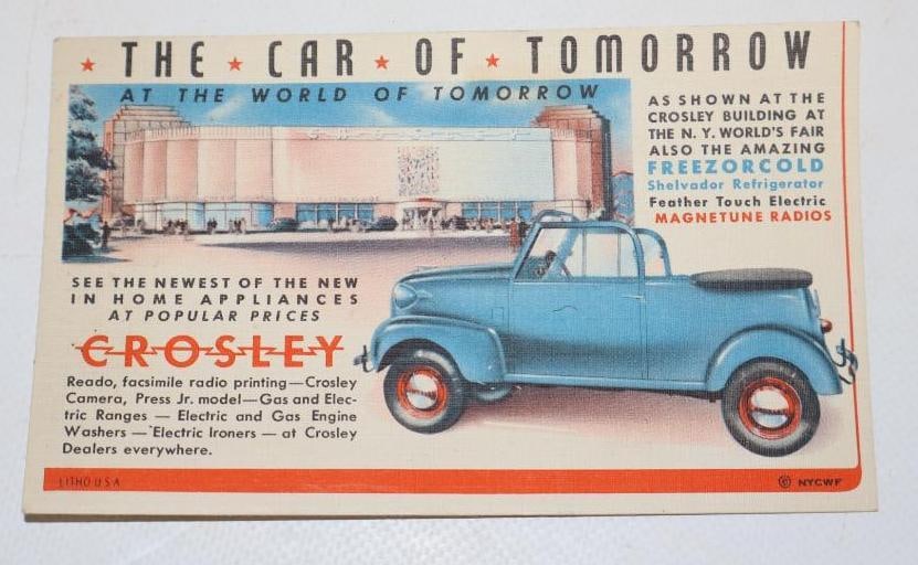 Crosley Motor Car Co. 1934 Worlds Fair Advertising Post Card: 5.5" x 3.5"