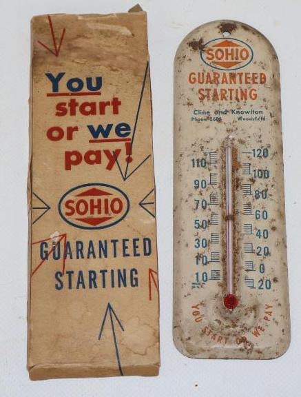 Sohio Guaranteed Starting Advertising Thermometer in Original Box: Thermometer appears to be working. 6.5" x 2"