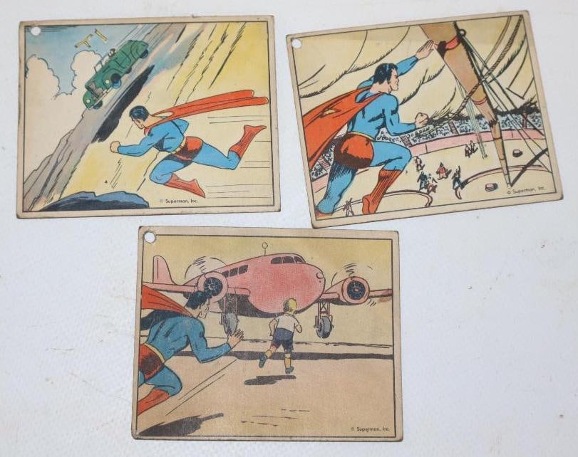 Group of 5 1940 Superman Trading Cards: All cards have a hole in the top left corner. 2.5" x 3" each