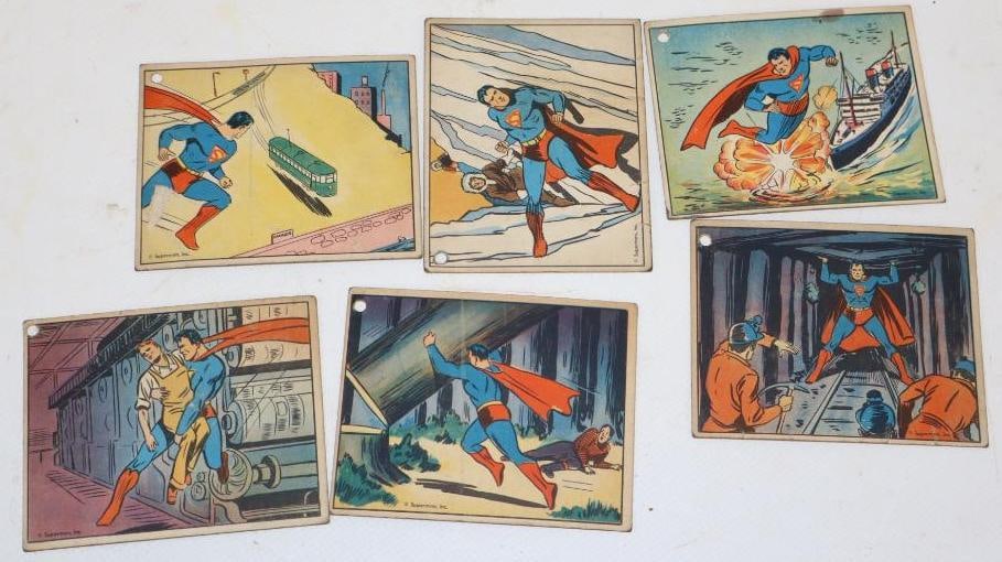 Group of 6 1940 Superman Trading Cards: All cards have a hole in the top left corner. 2.5" x 3" each