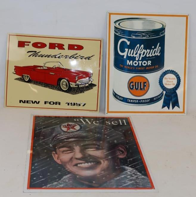 Group of 3 Texaco, Gulf, and Ford Thunderbird Embossed Reproduction Advertising Signs: Largest is 18" x 14"