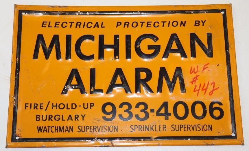 Embossed Michigan Alarm Sprinkler System Self Framed Advertising Sign: 8" x 5"