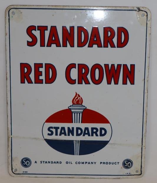 Standard Red Crown Porcelain Gas Pump Plate Advertising Sign: 12" x 15" has many touchups, is marked I.R. 54