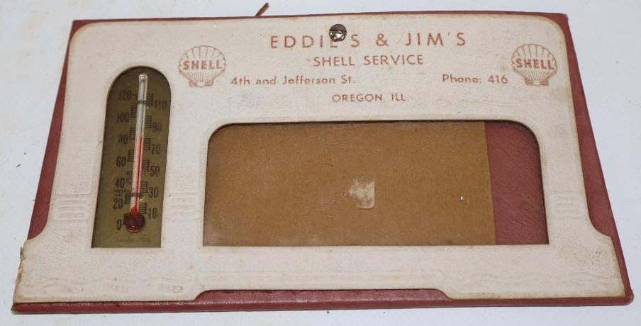 Eddie's & Jim's Shell Service Advertising Thermometer: 6.5" x 3.5" Thermometer is working