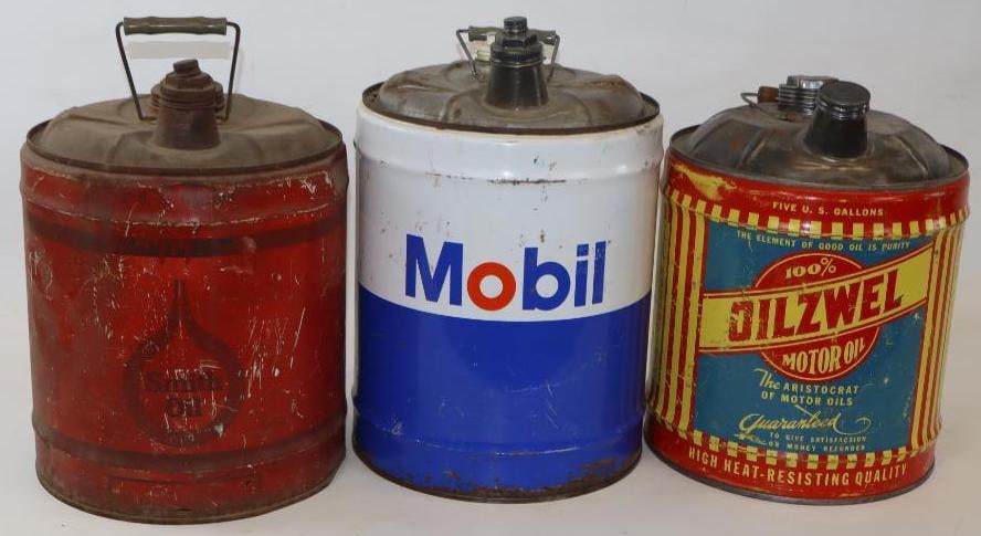 Group of 3 Oilzwel, Mobil, & Smith 5 Gallon Metal Oil Cans: Largest is 11" x 11" x 16"