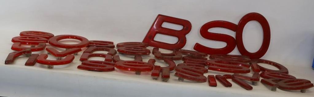 Group of 33 Red Reflective Advertising Plastic Letters: Largest is 9.5" x 13"