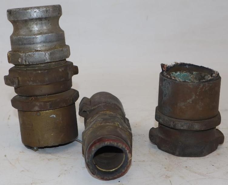 Group of 3 Brass Gas Pump Hose Couplers: Largest is 3" x 3" x 6.25"
