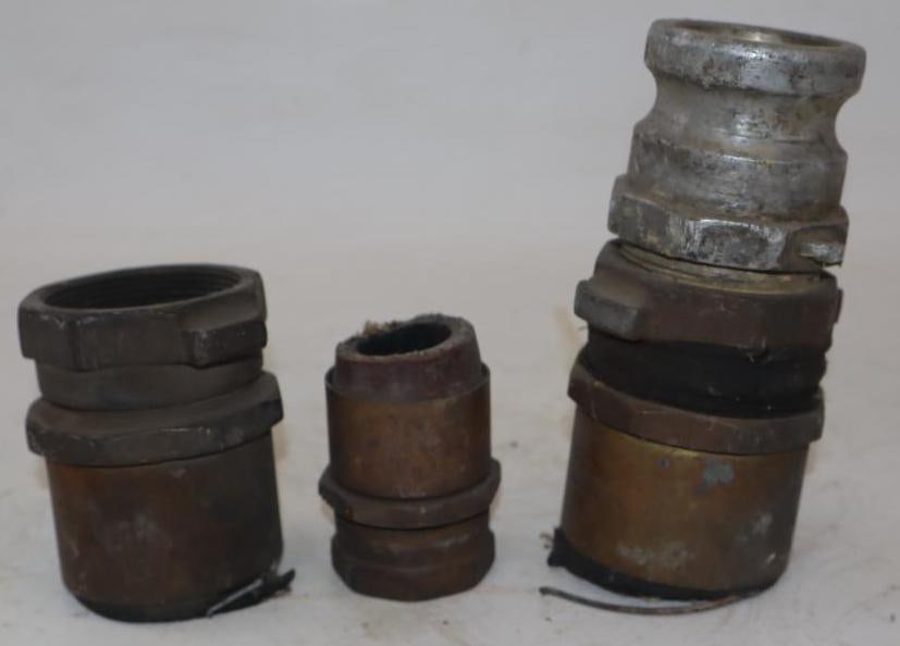 Group of 3 Brass Gas Pump Hose Couplers: Largest is 3" x 3" x 6.5"