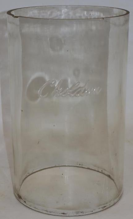 1940's Choldun Motor Oil System Four Gallon Glass Cylinder: Has a chip at the top. 8.5" x 8.5" x 14"