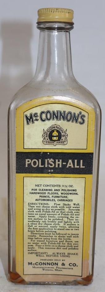 McConnon's Automotive Polish All Bottle with Paper Label: 16 oz empty