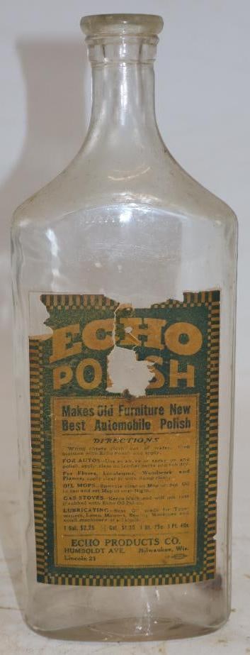 Echo Automobile Polish Glass Bottle with Paper Label: 4" x 2.5" x 10.5"