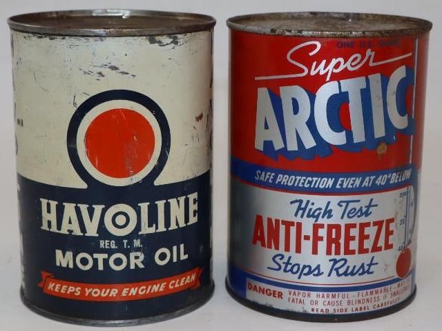 Group of 2 Havoline & Artic 1 Quart Metal Oil Cans: 32 oz empty