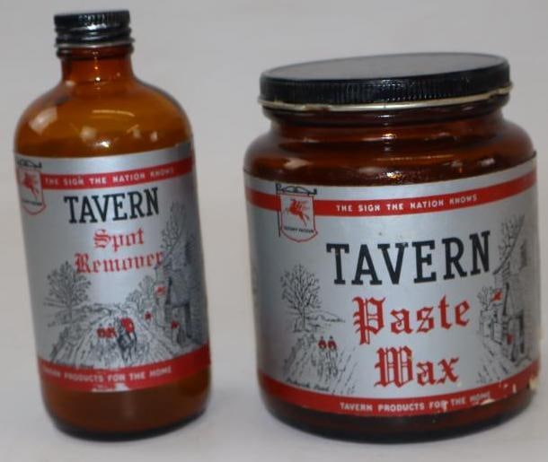 Group of 2 Socony Vacuum Tavern Paste Wax & Spot Remover Jar and Bottle with Paper Labels: Largest is 16 oz