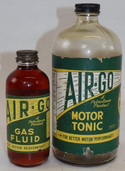 Group of 2 Air-Go Motor Tonic & Gas Fluid Bottles: Largest is 32 oz