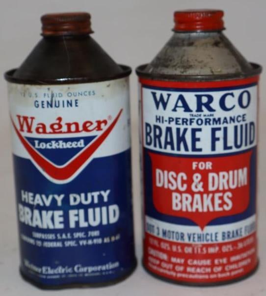 Group of 2 Warco & Wagner Brake Fluid Conetop Automotive Cans: 12 oz each